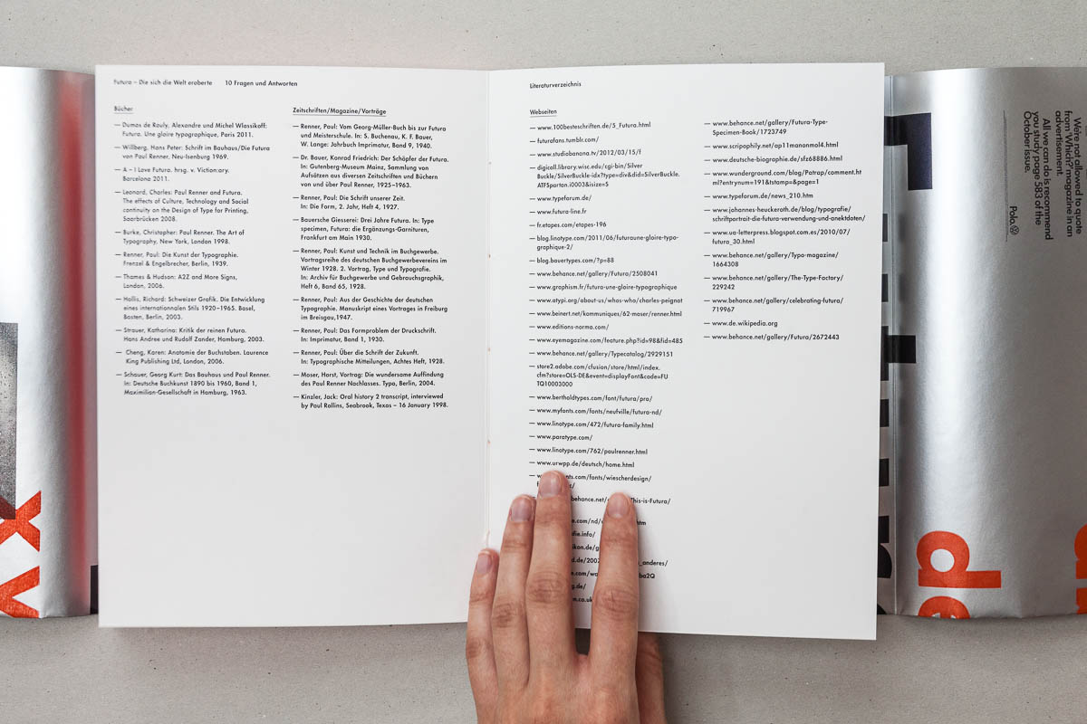 Doppelseite mit Anhang Futura – Die sich die Welt eroberte. 10 Fragen und Antworten. © Christian Weber – Büro für Gestaltung und Kommunikation