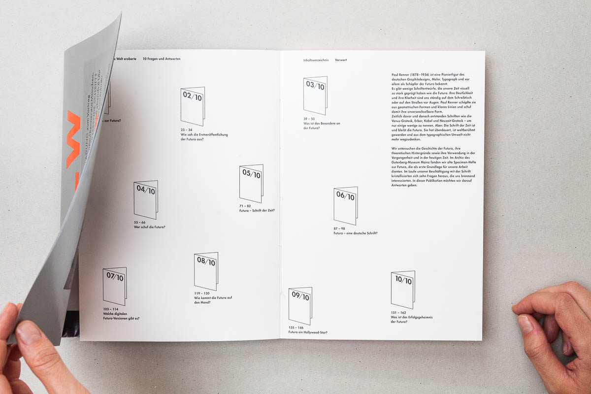 Ansicht erste Doppelseite mit Inhaltsverzeichnis Futura – Die sich die Welt eroberte. 10 Fragen und Antworten. © Christian Weber – Büro für Gestaltung und Kommunikation
