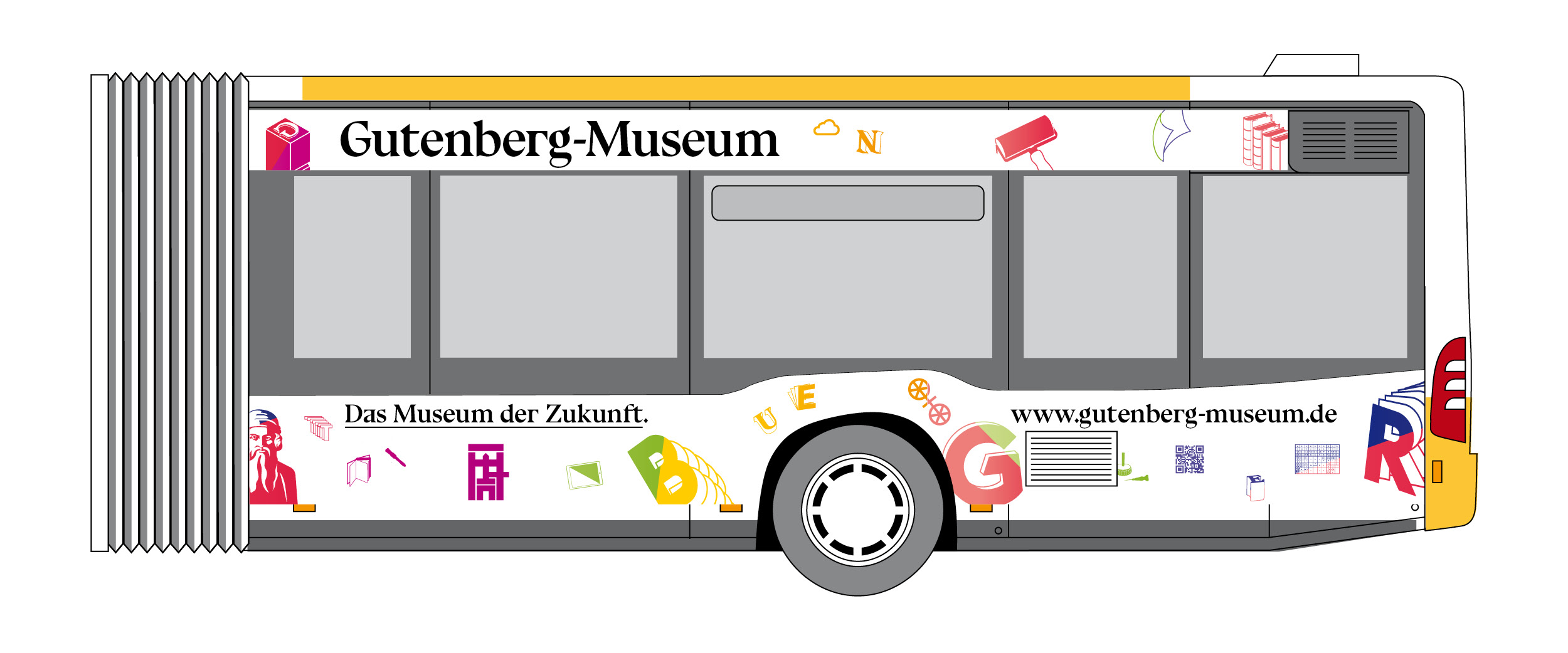 Fahrzeugbeklebung Straßenseite. Gestaltung eines Linienbus der MVG für das Gutenberg Museum Mainz. Das Museum der Zukunft © Christian Weber – Büro für Gestaltung und Kommunikation