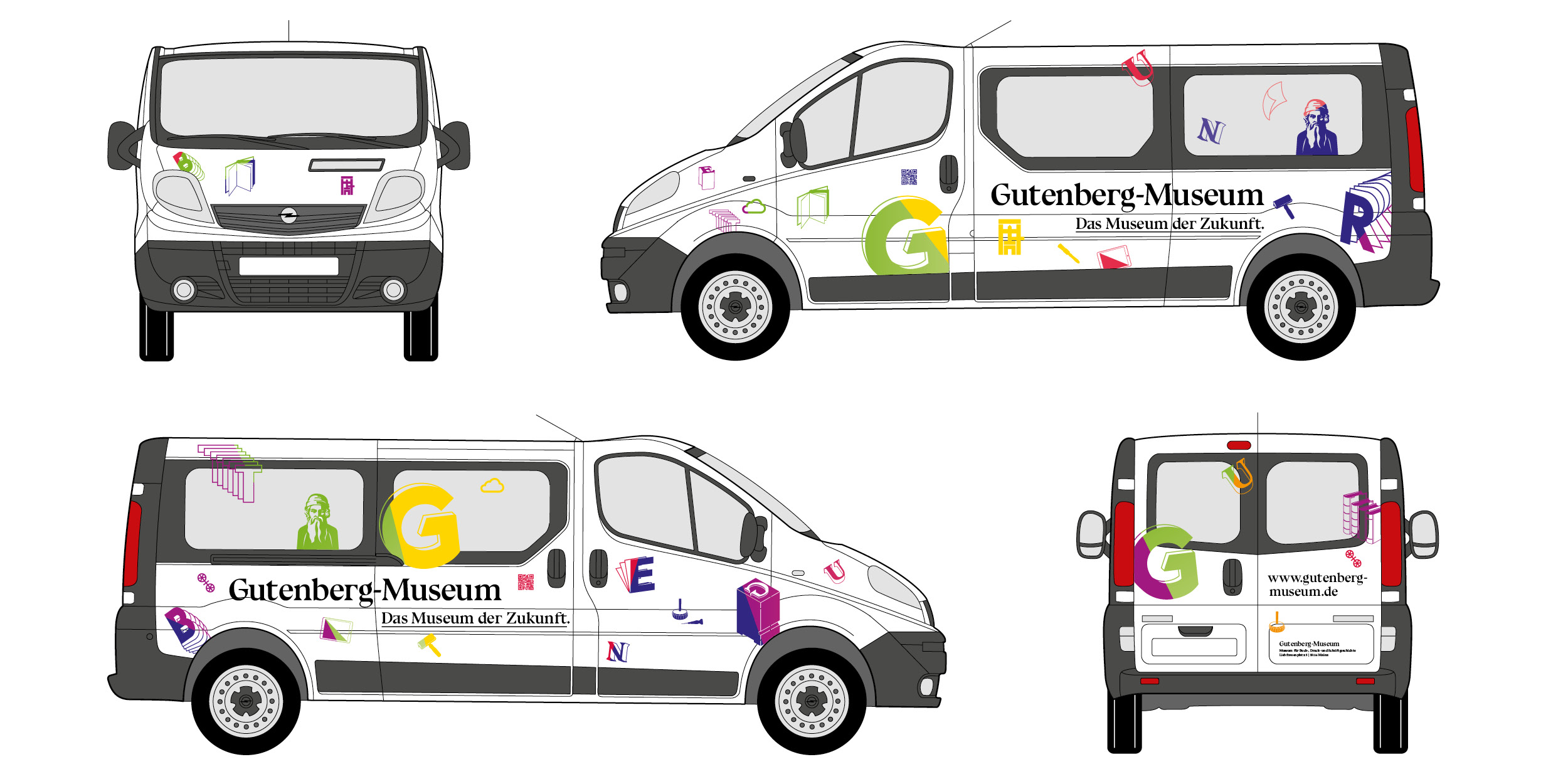 Fahrzeugbeklebung eines Kleintransporters/Bus für das Gutenberg Museum Mainz. Das Museum der Zukunft © Christian Weber – Büro für Gestaltung und Kommunikation